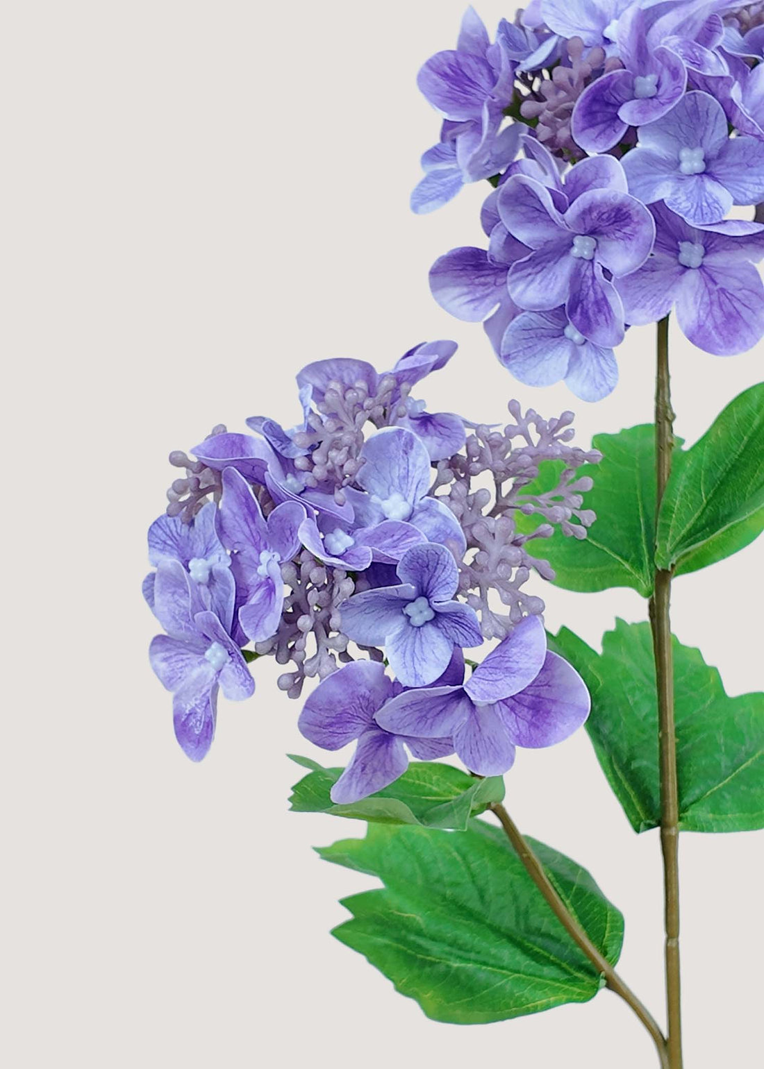 Close-up of Purple Artificial Hydrangea Petals and Leaves – Realistic Faux Flowers