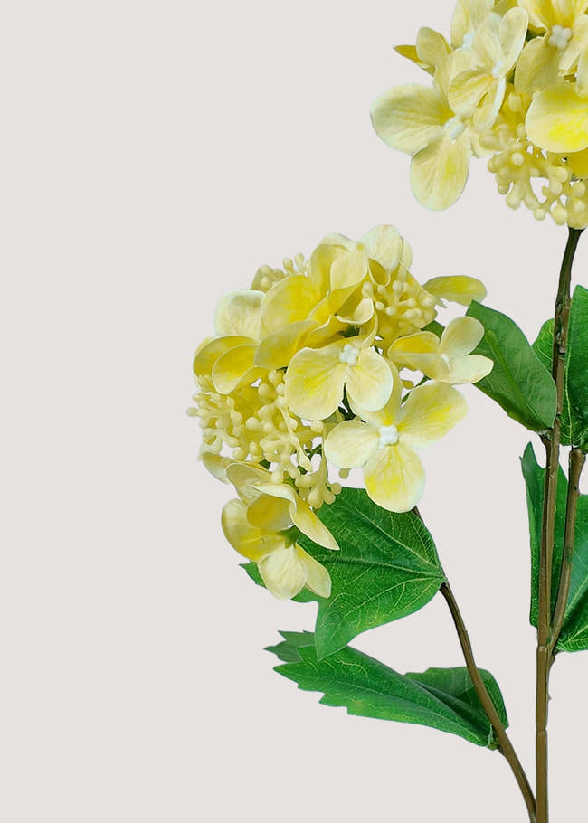 Close-up of Yellow Artificial Hydrangea Petals and Leaves – Realistic Faux Flowers