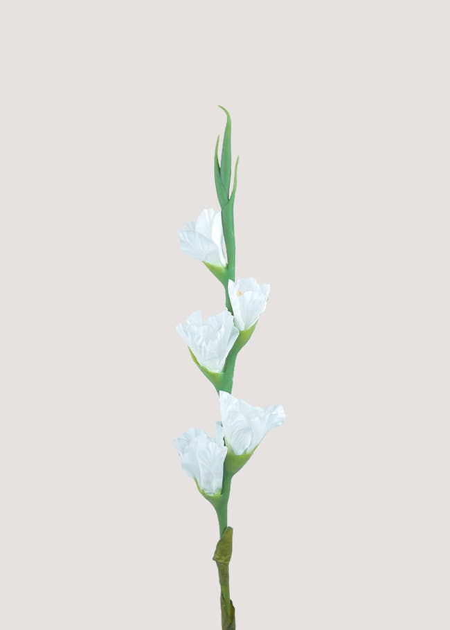 Tall artificial white gladiolus stem with layered silk blooms