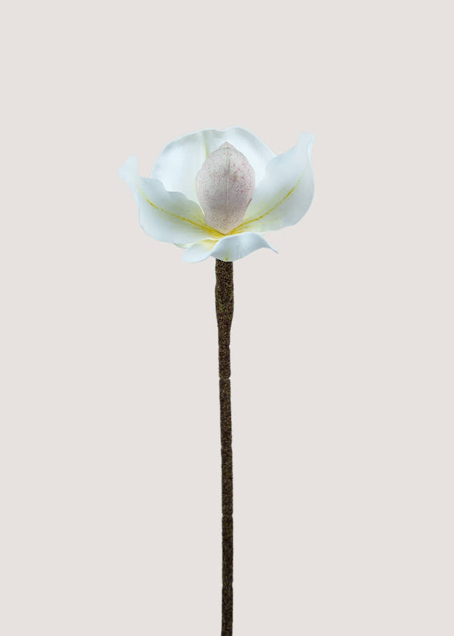 Artificial white Paphiopedilum orchid stem faux lady slipper bloom