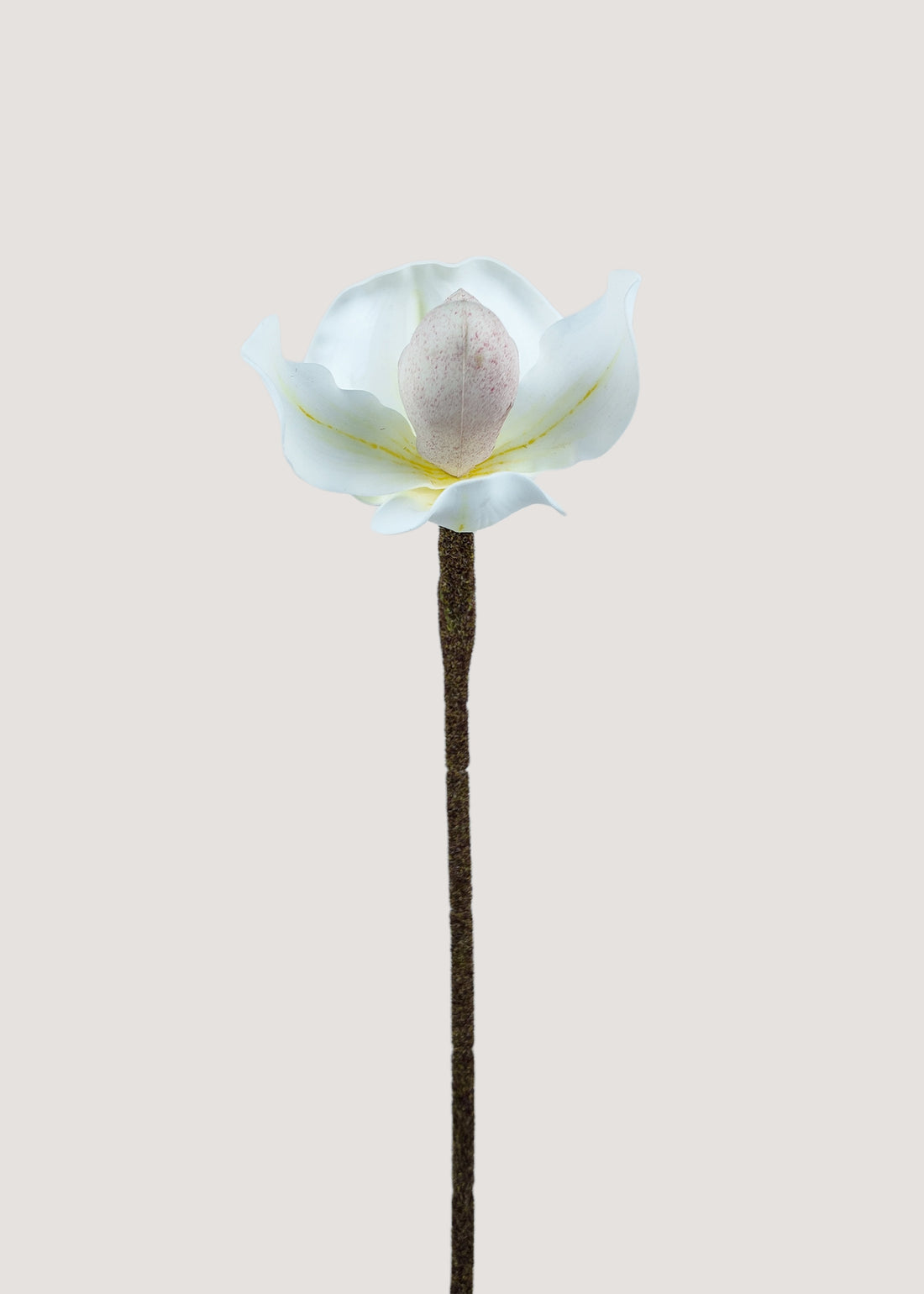 Artificial white Paphiopedilum orchid stem faux lady slipper bloom