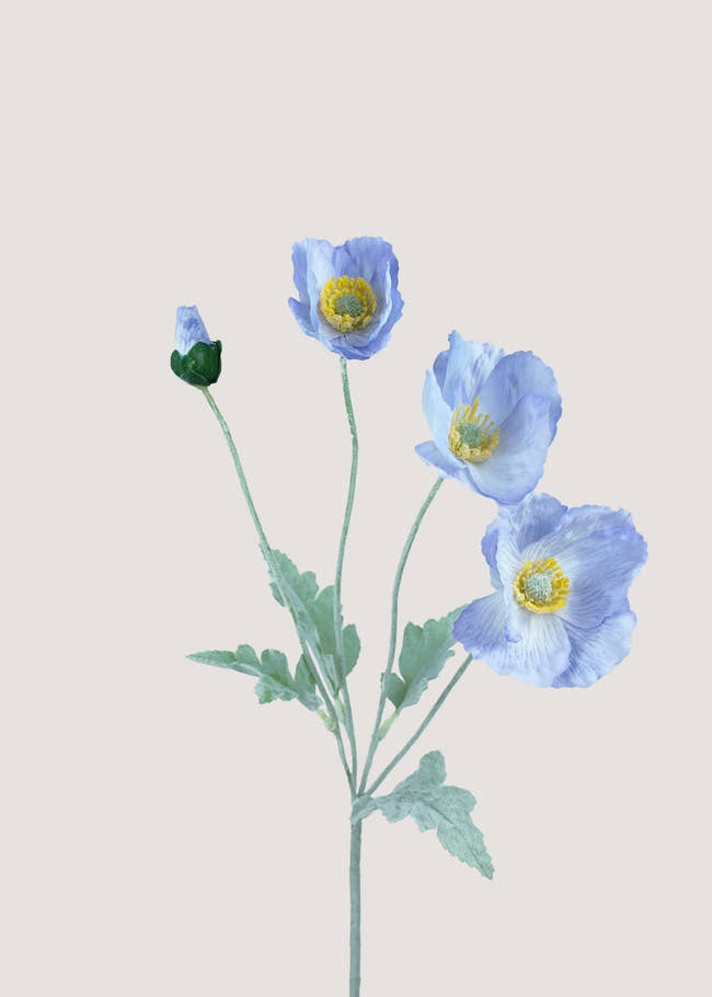 Blue artificial poppy stem with bloom and bud by Everblooma