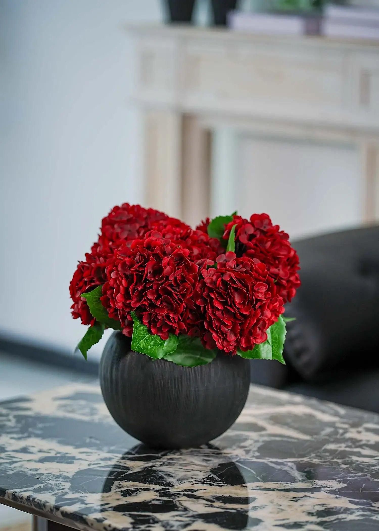 Everblooma deep red artificial hydrangeas bouquet with rich velvet-like petals and lush green leaves, luxury faux flowers for home décor