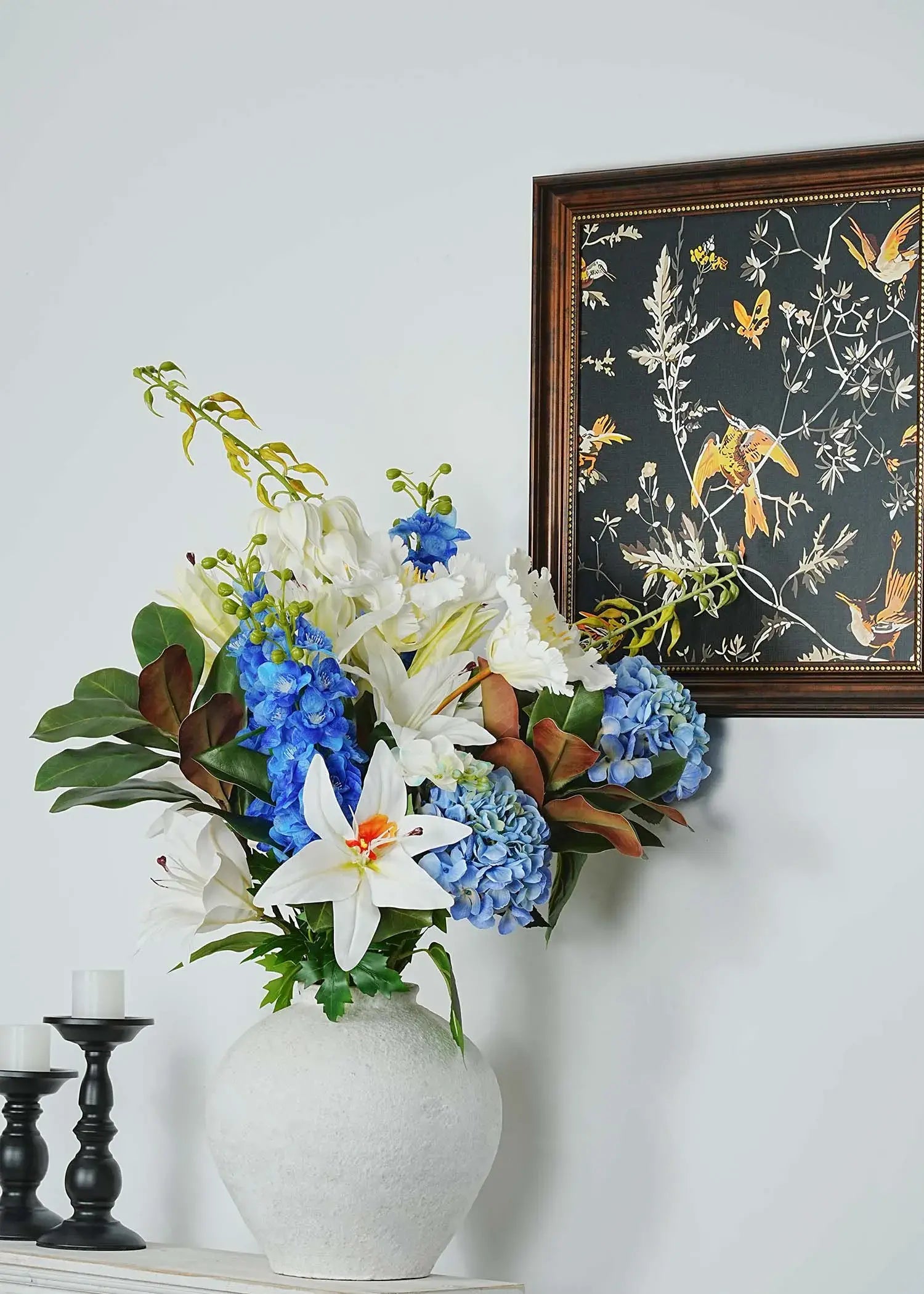 Elegant blue and white faux hydrangea and lily vase arrangement for luxury home décor – Everblooma