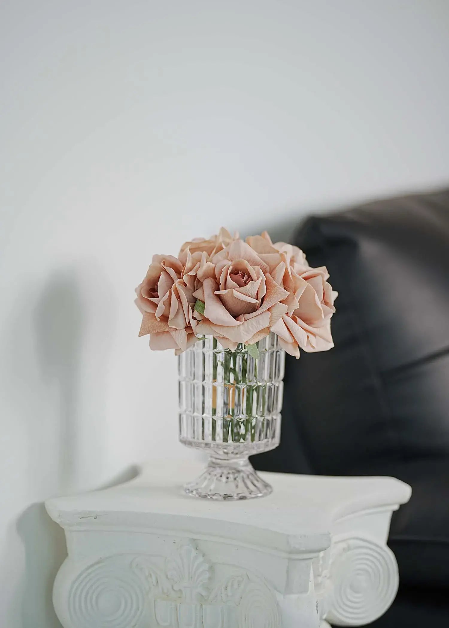 Mauve artificial rose bouquet in crystal vase on marble table, elegant home decor by Everblooma