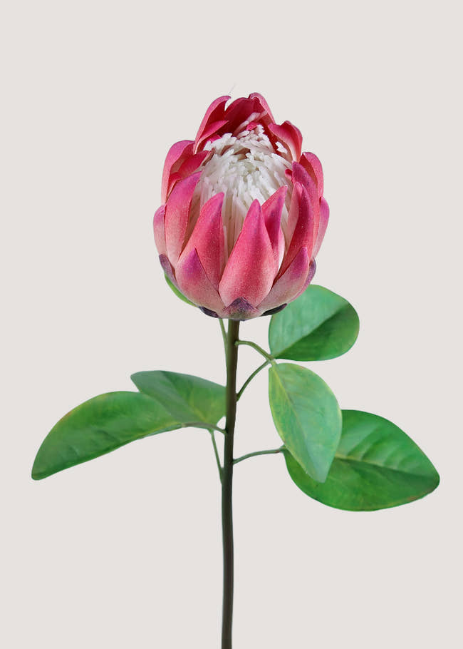 Pink artificial protea flower stem with lifelike petals and green leaves