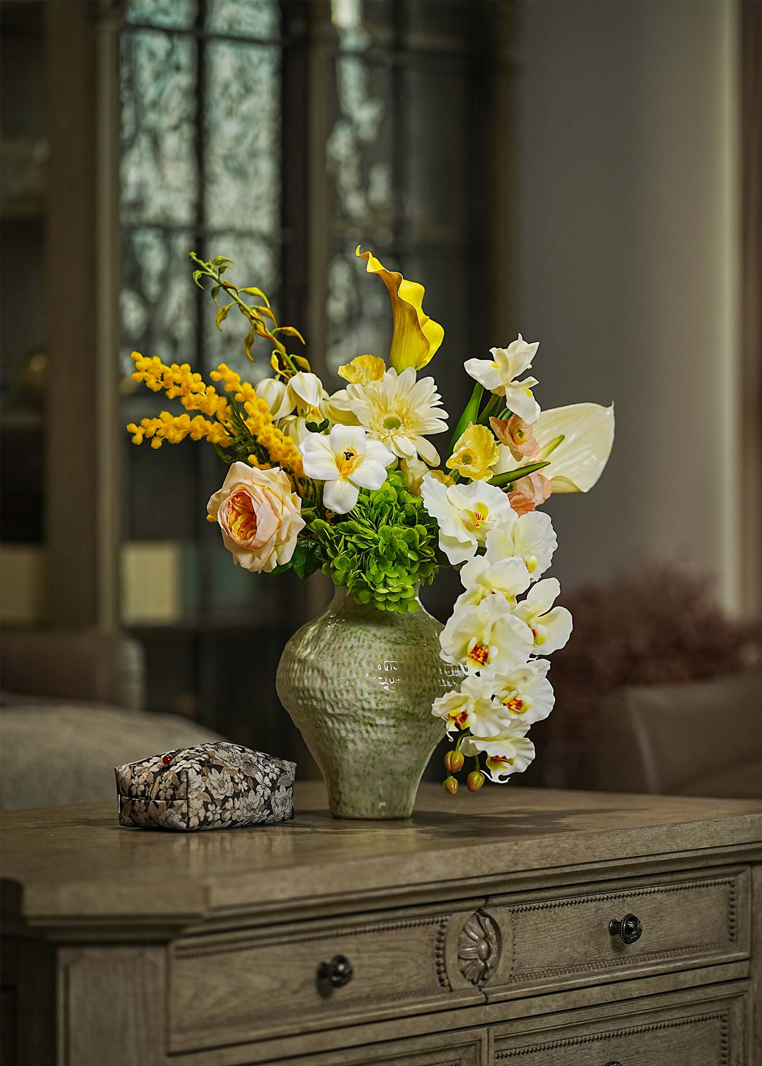 Real Touch White Lilies & Faux Anthurium floral centerpiece by Everblooma.