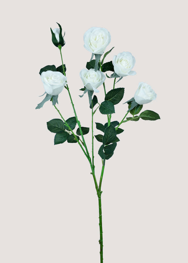 White Artificial Rose Stem with 5 Blooms and 1 Bud Main Image