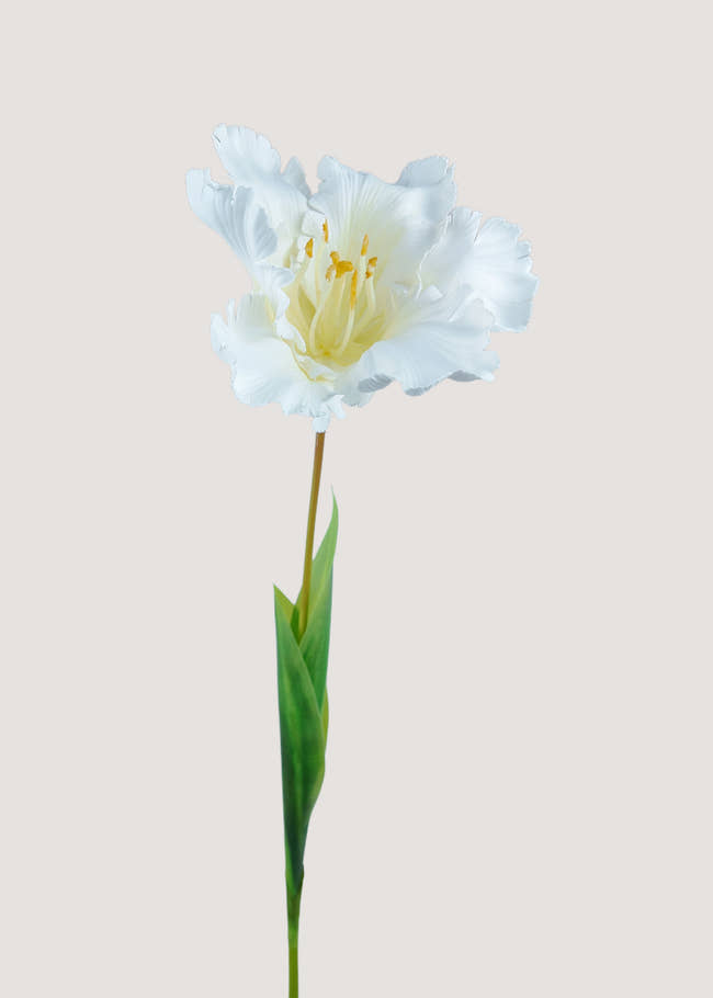 White fringed artificial tulip stem with lifelike silk petals main view