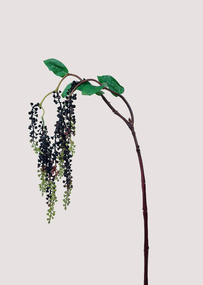 Artificial black berry branch with green leaves for faux floral arrangements
