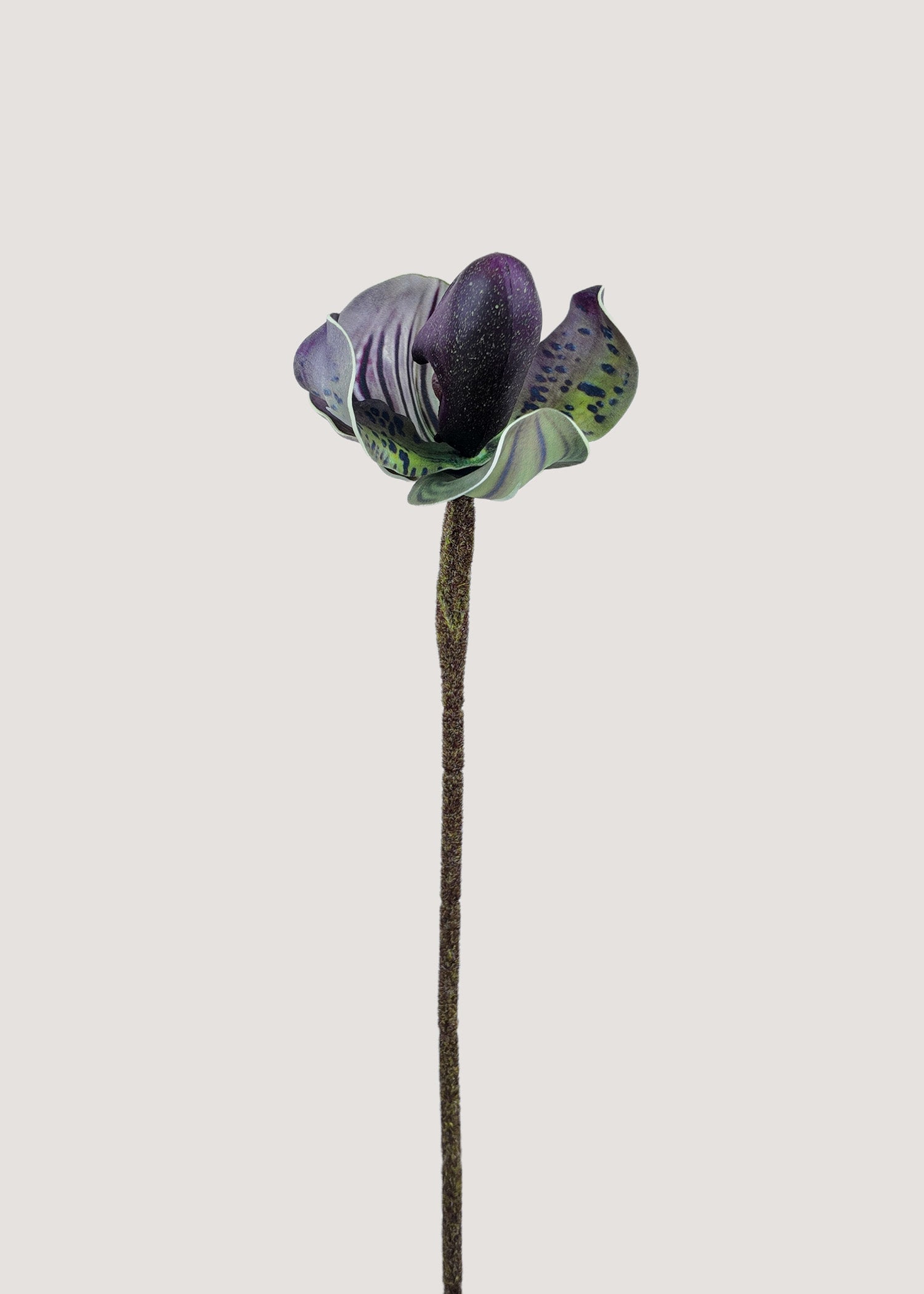 Artificial purple green Paphiopedilum orchid stem faux lady slipper bloom