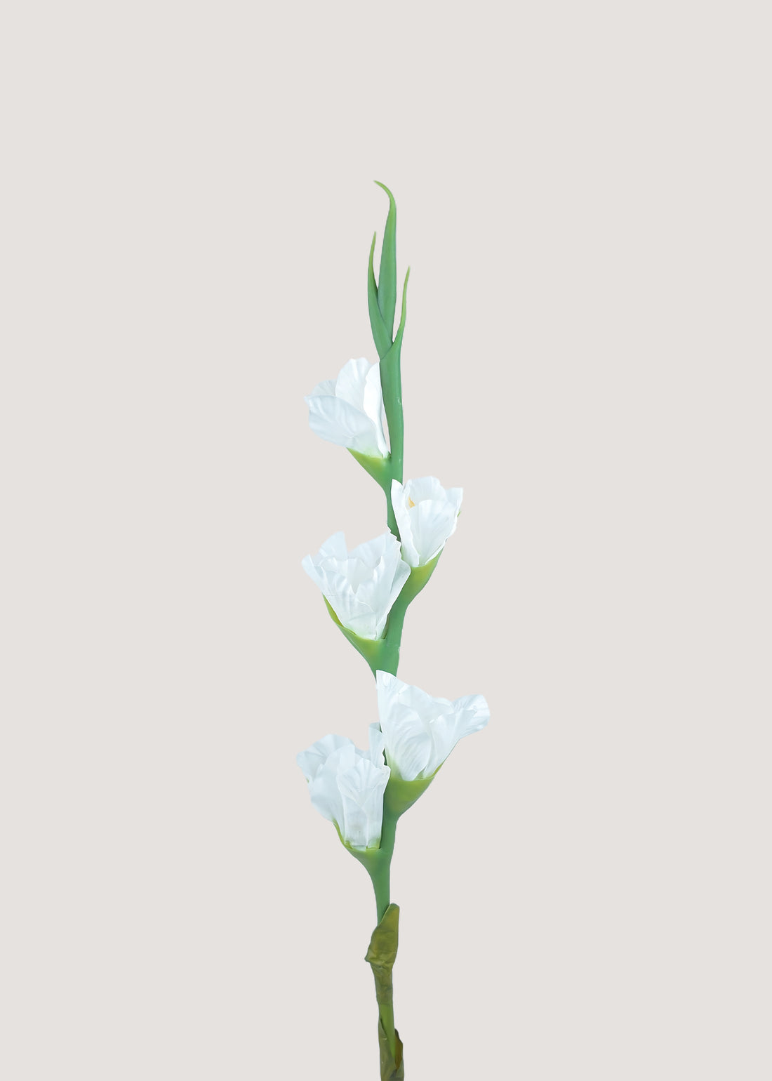 Tall artificial white gladiolus stem with layered silk blooms