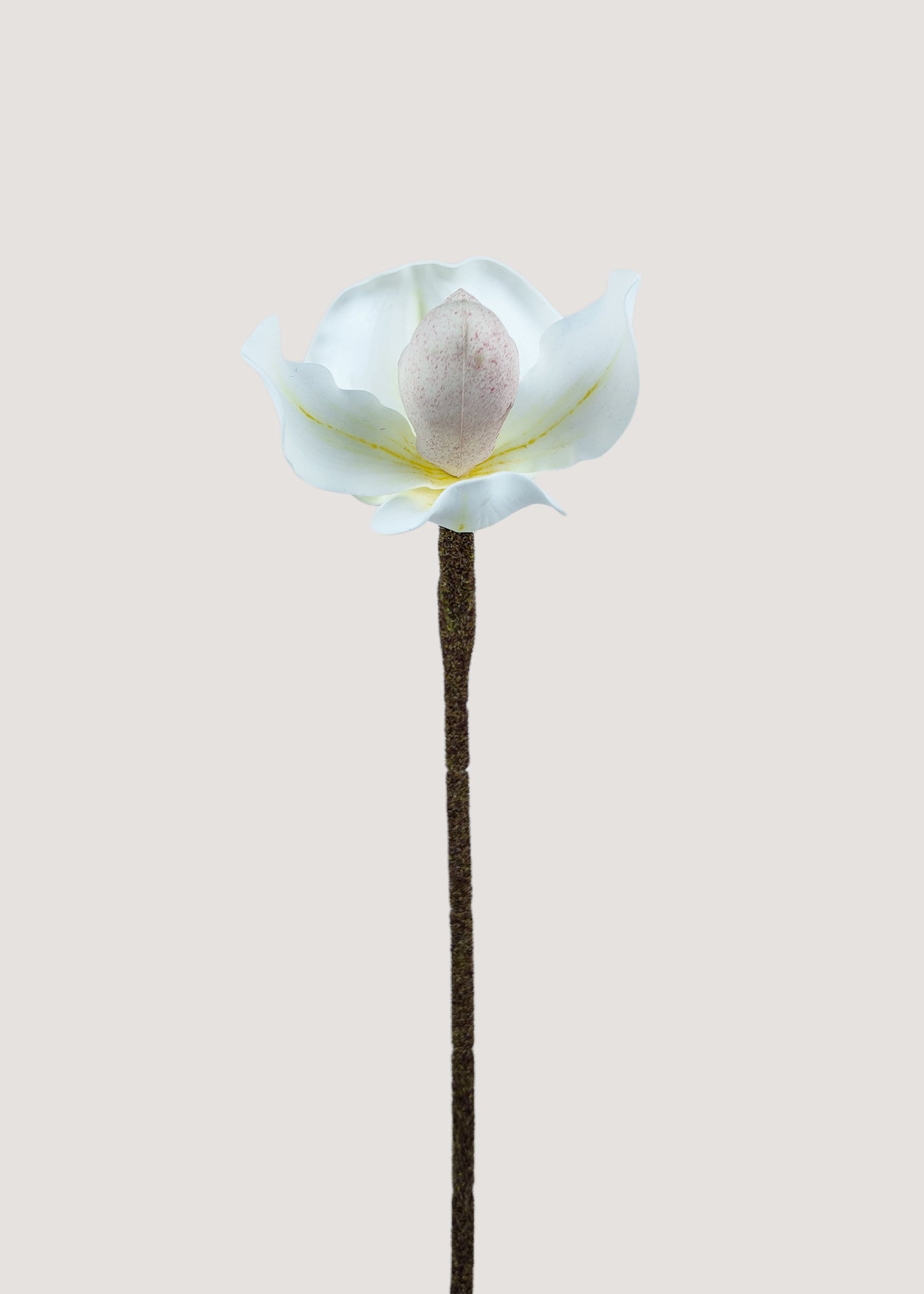 Artificial white Paphiopedilum orchid stem faux lady slipper bloom