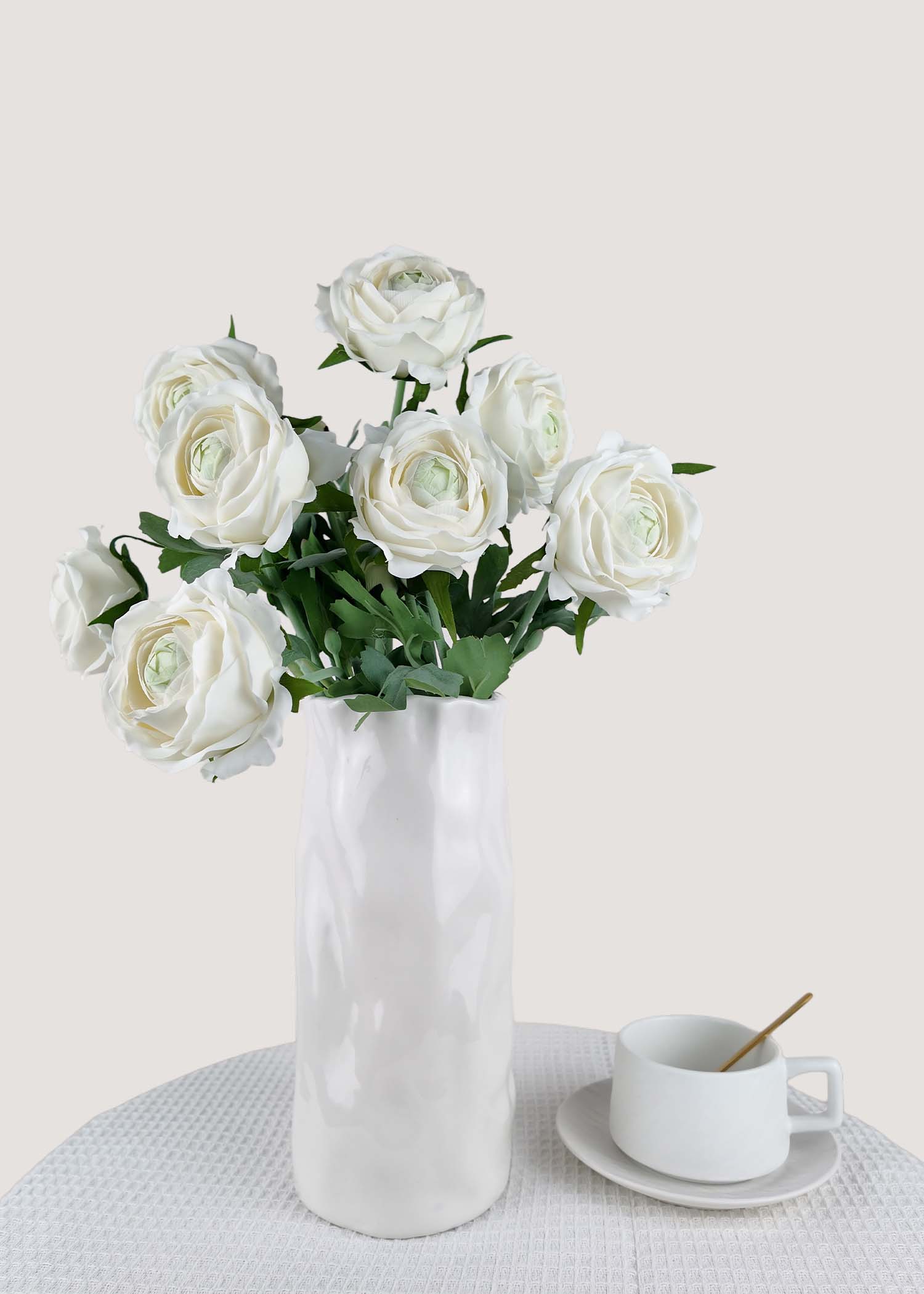 Artificial white ranunculus bouquet with 8 stems in vase, faux flowers for home decor