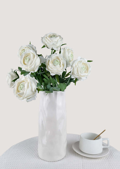 Artificial white ranunculus bouquet with 8 stems in vase, faux flowers for home decor