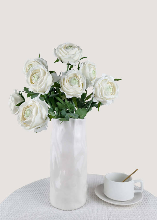Artificial white ranunculus bouquet with real touch petals in vase