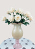 Main view of cream white artificial rose bouquet in vase with green leaves