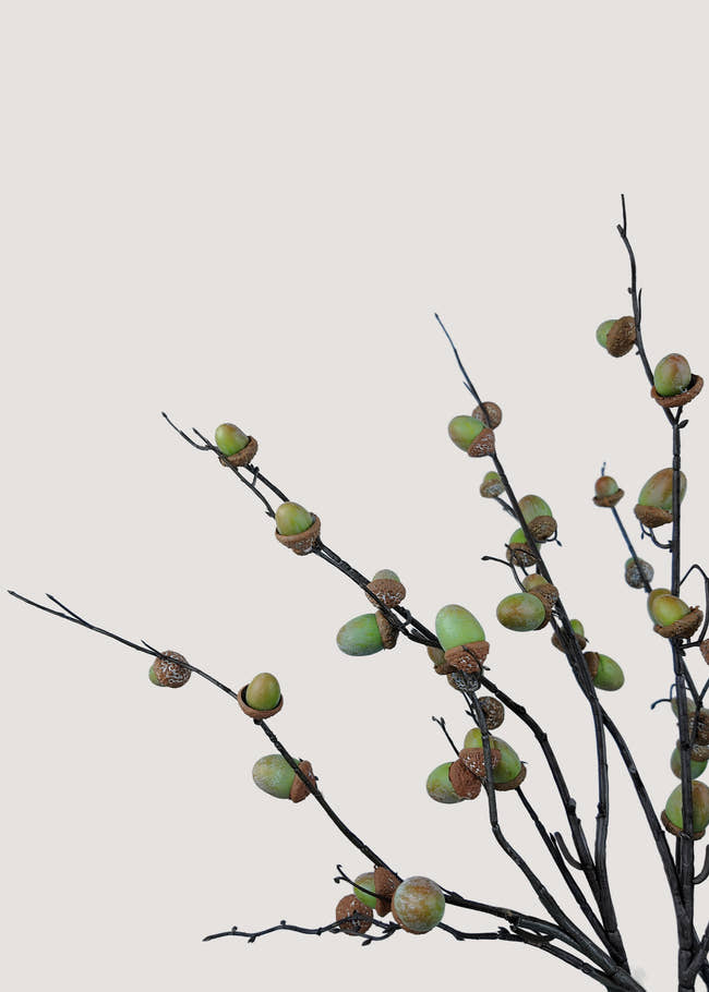 Close-up of realistic faux acorn stem with textured details