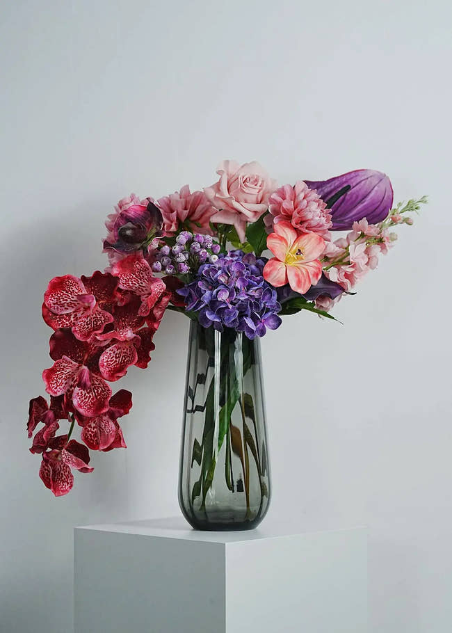 Elegant burgundy rose and orchid artificial flower arrangement in glass vase – Everblooma luxury faux floral bouquet