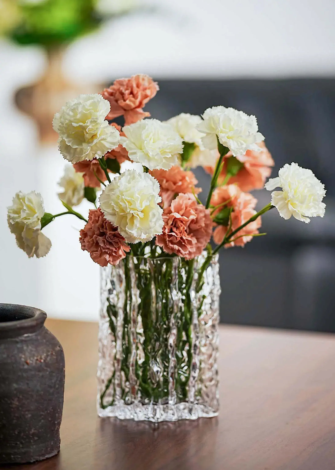 Everblooma artificial carnation bouquet with cream and peach faux flowers in a clear glass vase, realistic silk floral arrangement for home décor