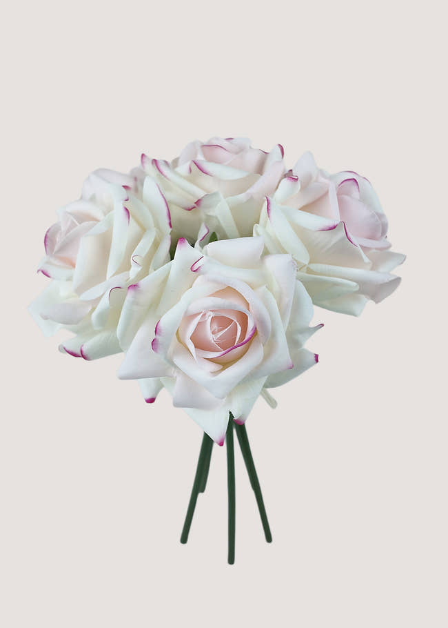 Blush white artificial roses bouquet with pink tips, 5 faux rose stems for weddings.