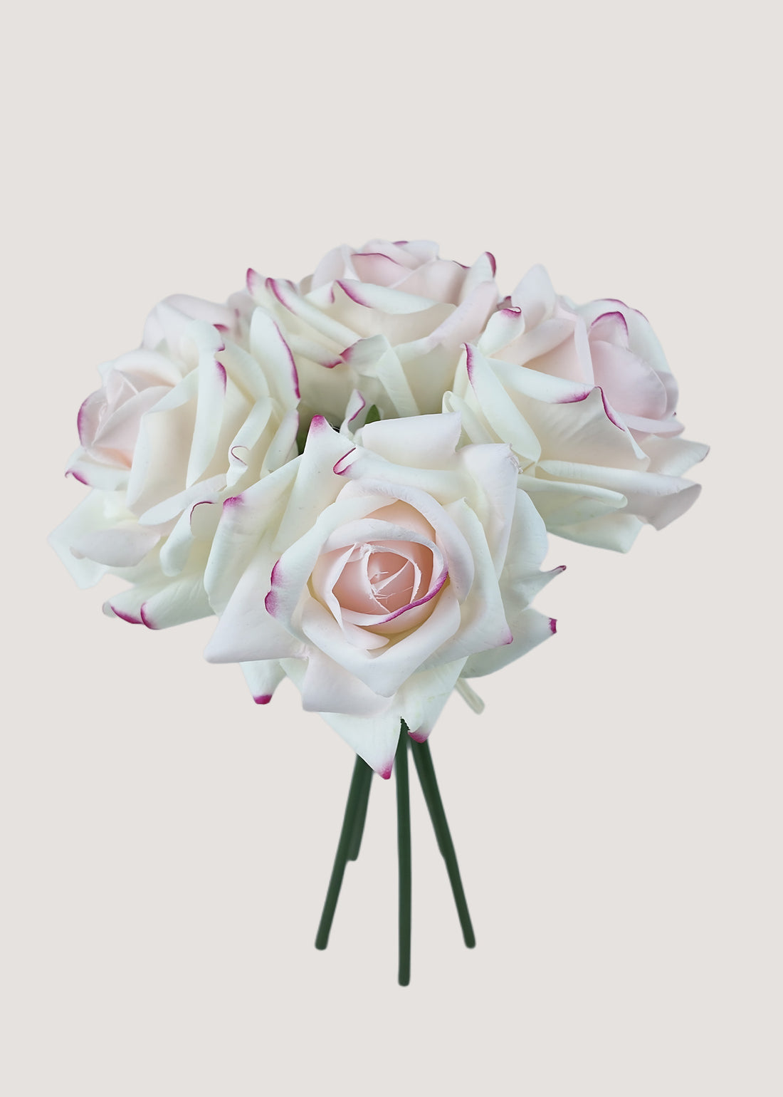 Blush white artificial roses bouquet with pink tips, 5 faux rose stems for weddings.
