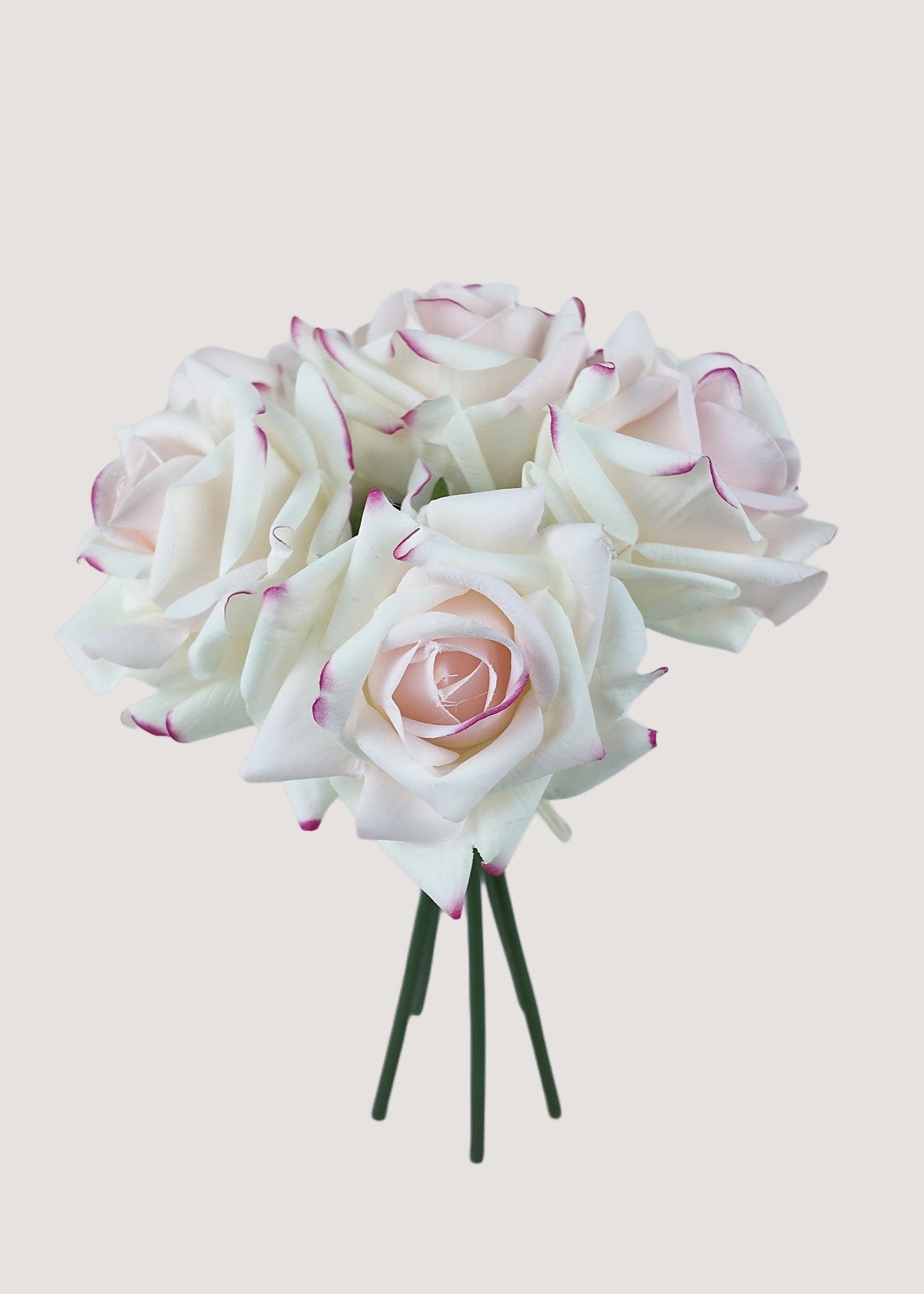 Blush white artificial roses bouquet with pink tips, 5 faux rose stems for weddings.