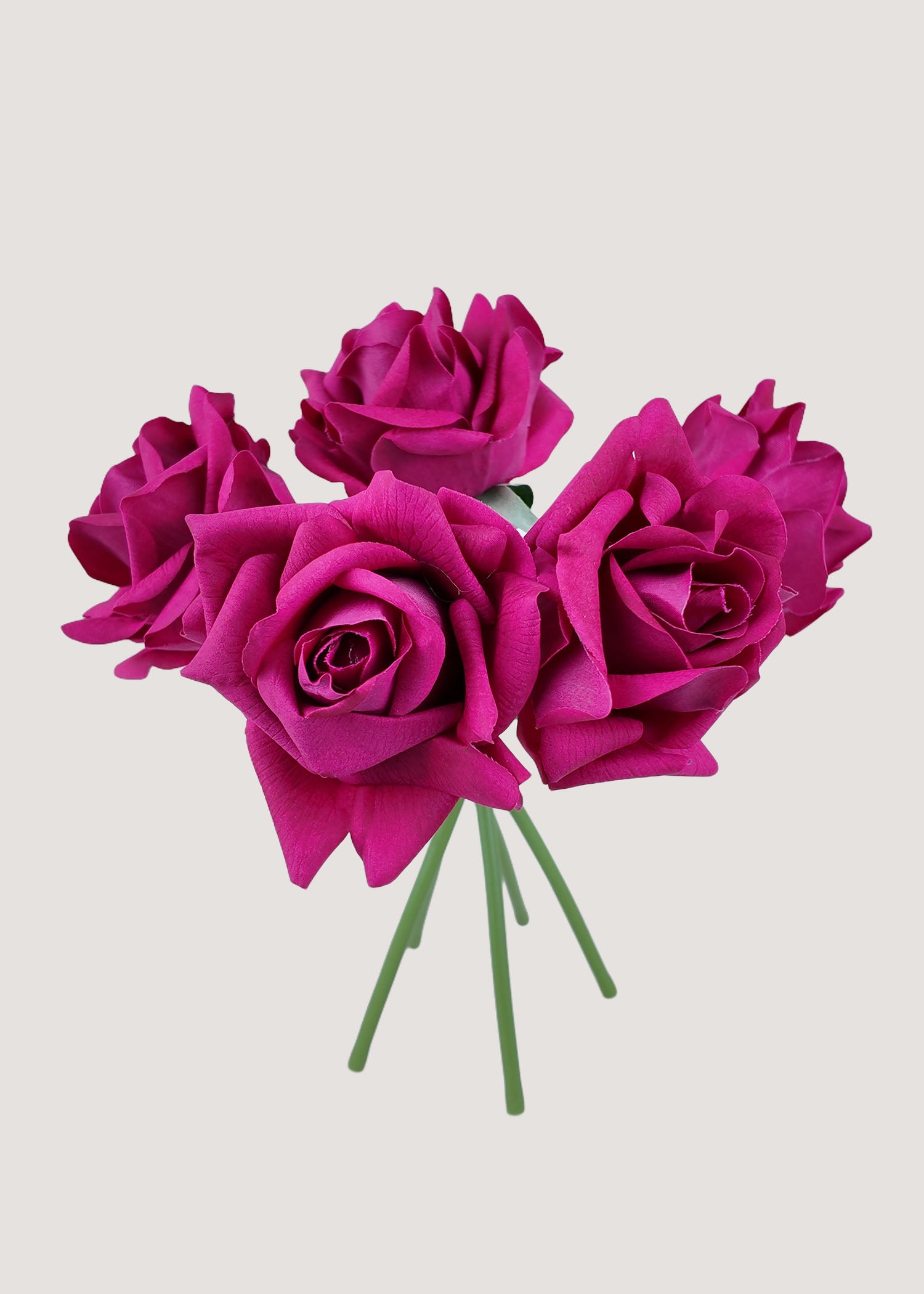 Deep fuchsia artificial rose bouquet with 5 silk rose stems – luxury faux flowers.