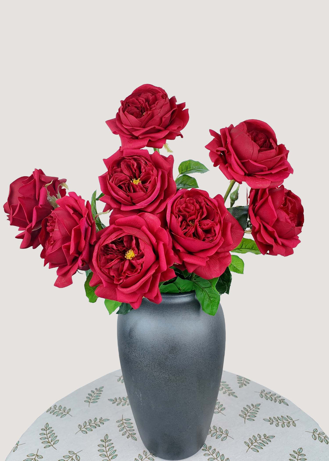 Deep red David Austin roses artificial flower bouquet in vase
