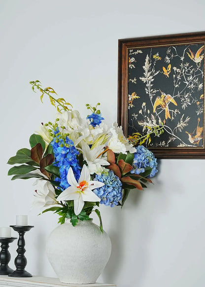 Elegant blue and white faux hydrangea and lily vase arrangement for luxury home décor – Everblooma