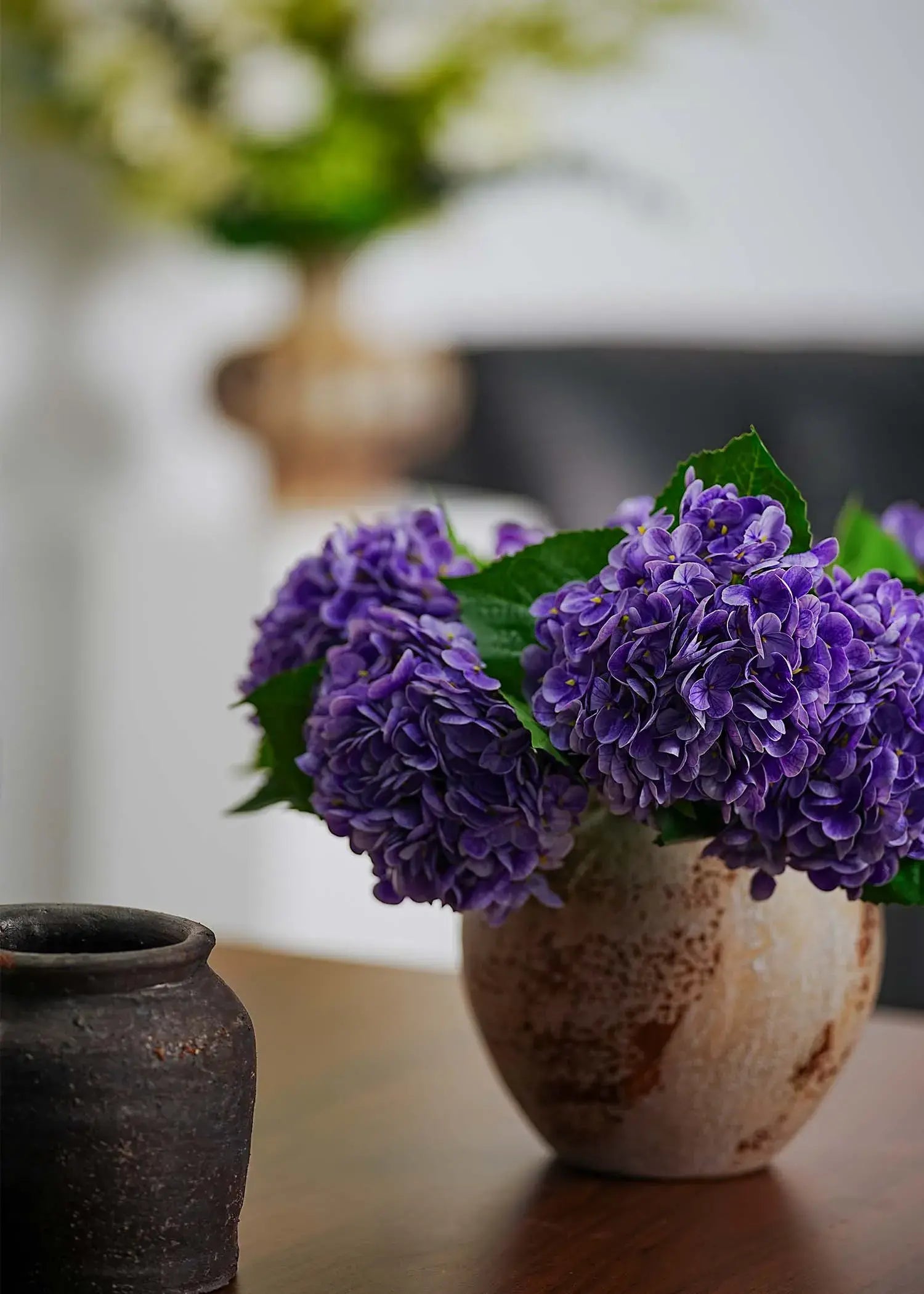 Everblooma lavender mist artificial hydrangea bouquet with lush purple blooms and green leaves, realistic faux floral arrangement for home décor