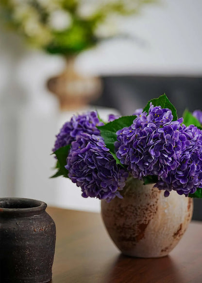 Everblooma lavender mist artificial hydrangea bouquet with lush purple blooms and green leaves, realistic faux floral arrangement for home décor