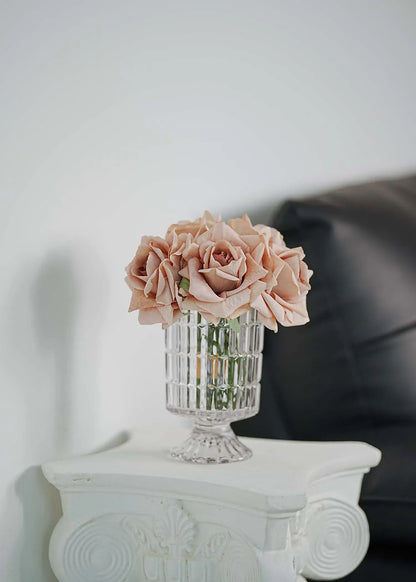 Mauve artificial rose bouquet in crystal vase on marble table, elegant home decor by Everblooma