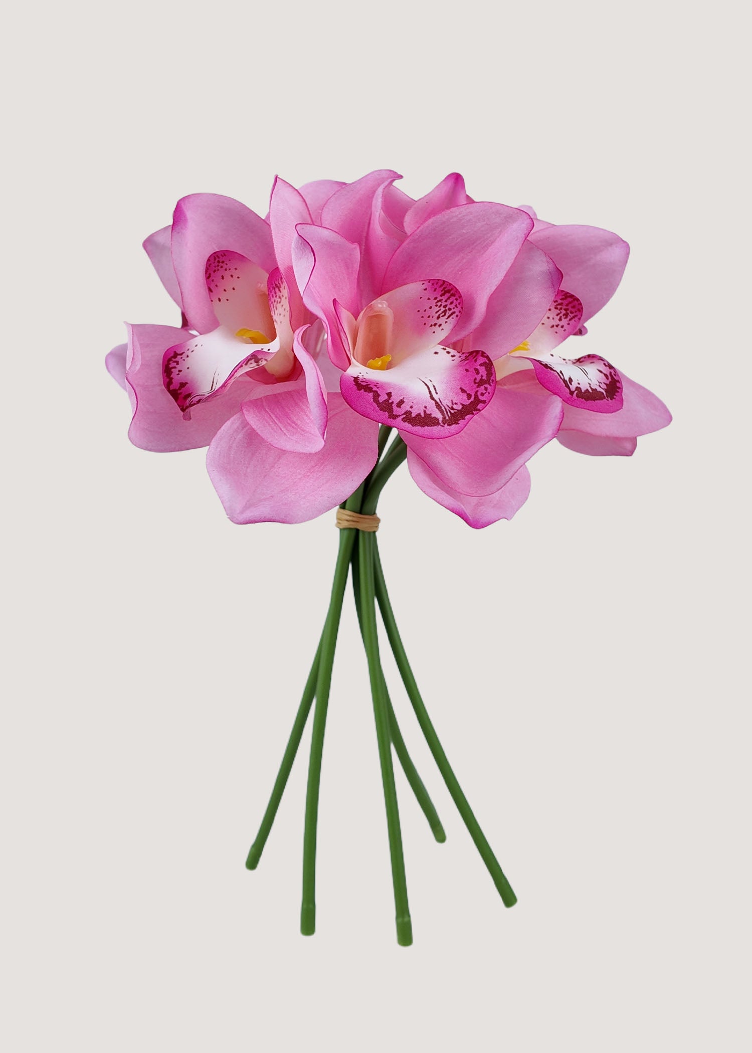 Pink artificial hui lan orchid bouquet with 6 faux cymbidium stems for weddings and décor.