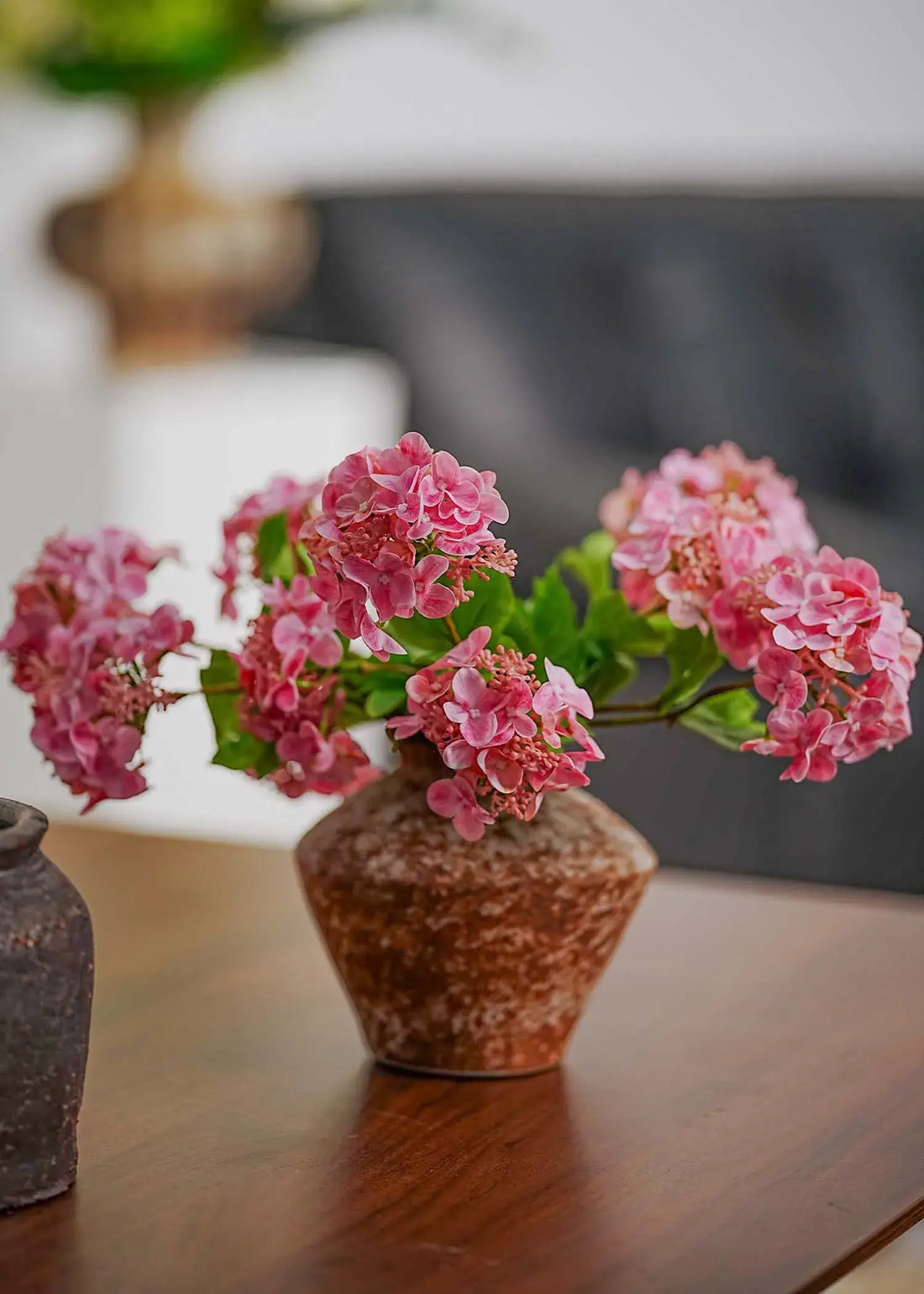 Everblooma pink hydrangea stems arrangement with realistic petals and lush green leaves, high-quality faux flowers for elegant home décor
