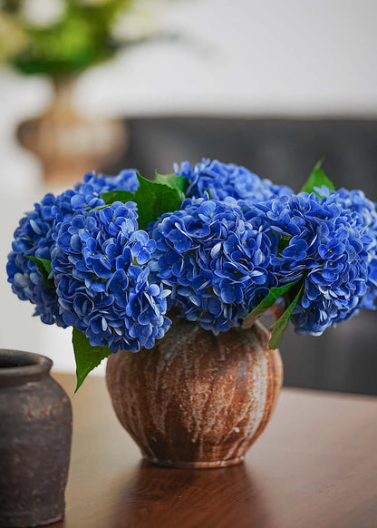 Royal blue hydrangea bouquet in rustic ceramic pot on wooden table, stylish living room decoration by Everblooma