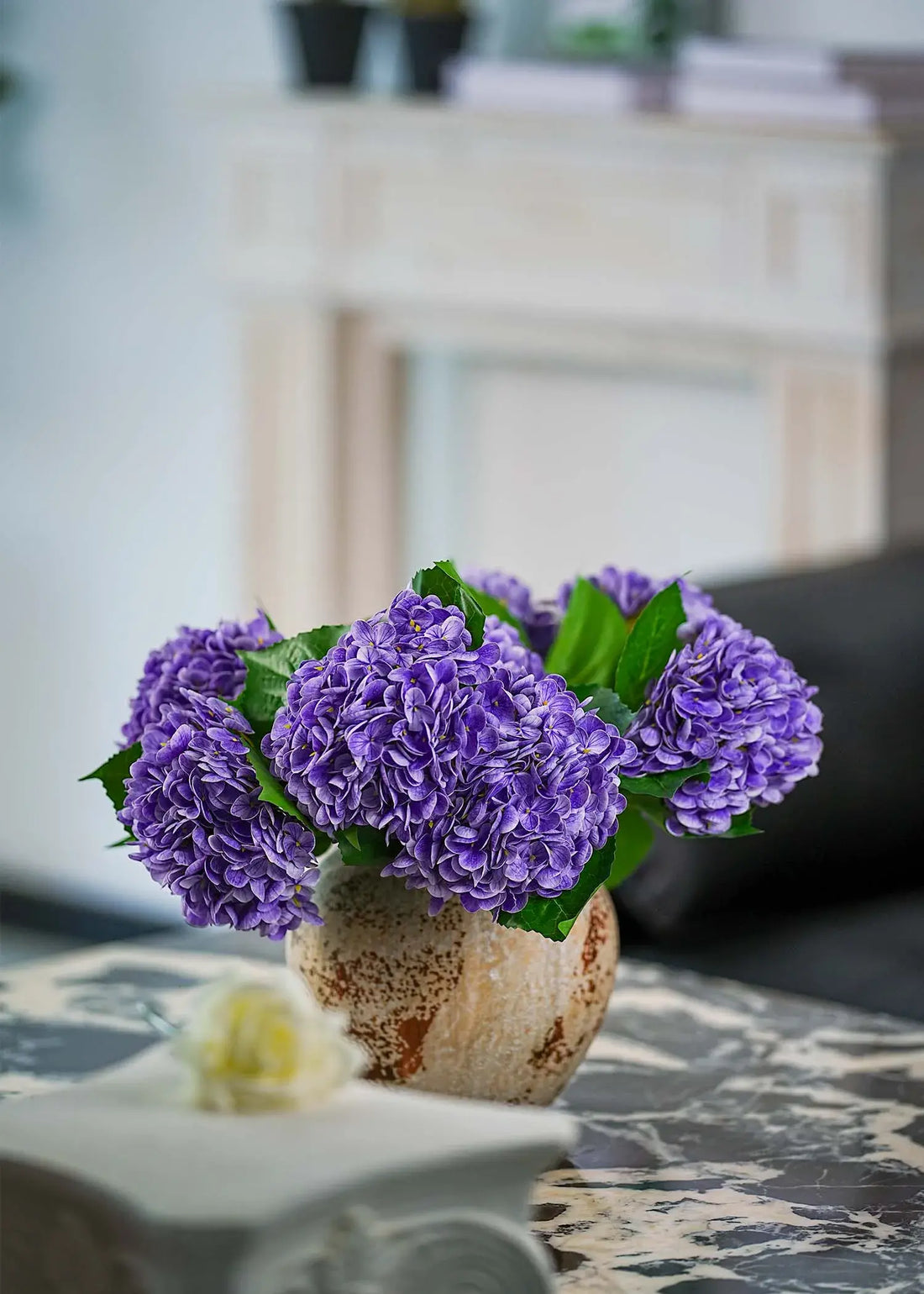 Real-touch silk lavender hydrangeas in full bloom, premium artificial flowers bringing timeless beauty to your living space