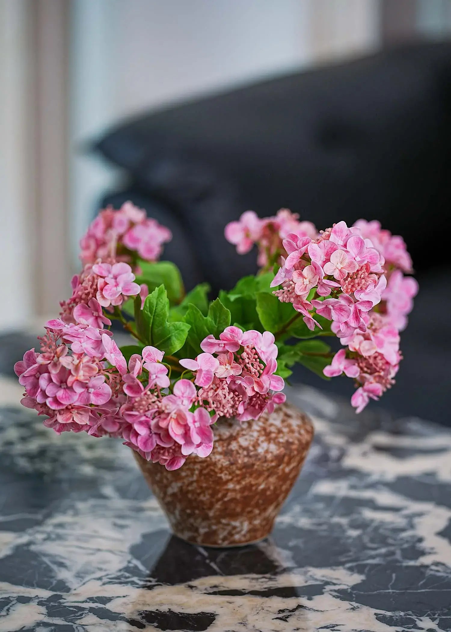 Real-touch silk pink hydrangea blooms arranged beautifully for home decoration, luxury faux floral centerpiece for living spaces