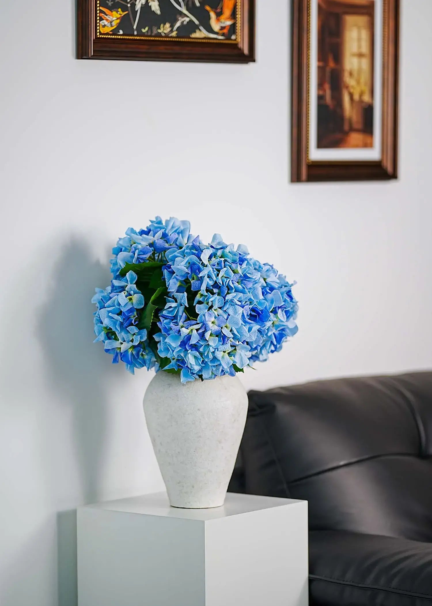 Faux sky blue hydrangea bouquet displayed in living room setting, elegant artificial floral arrangement for home décor
