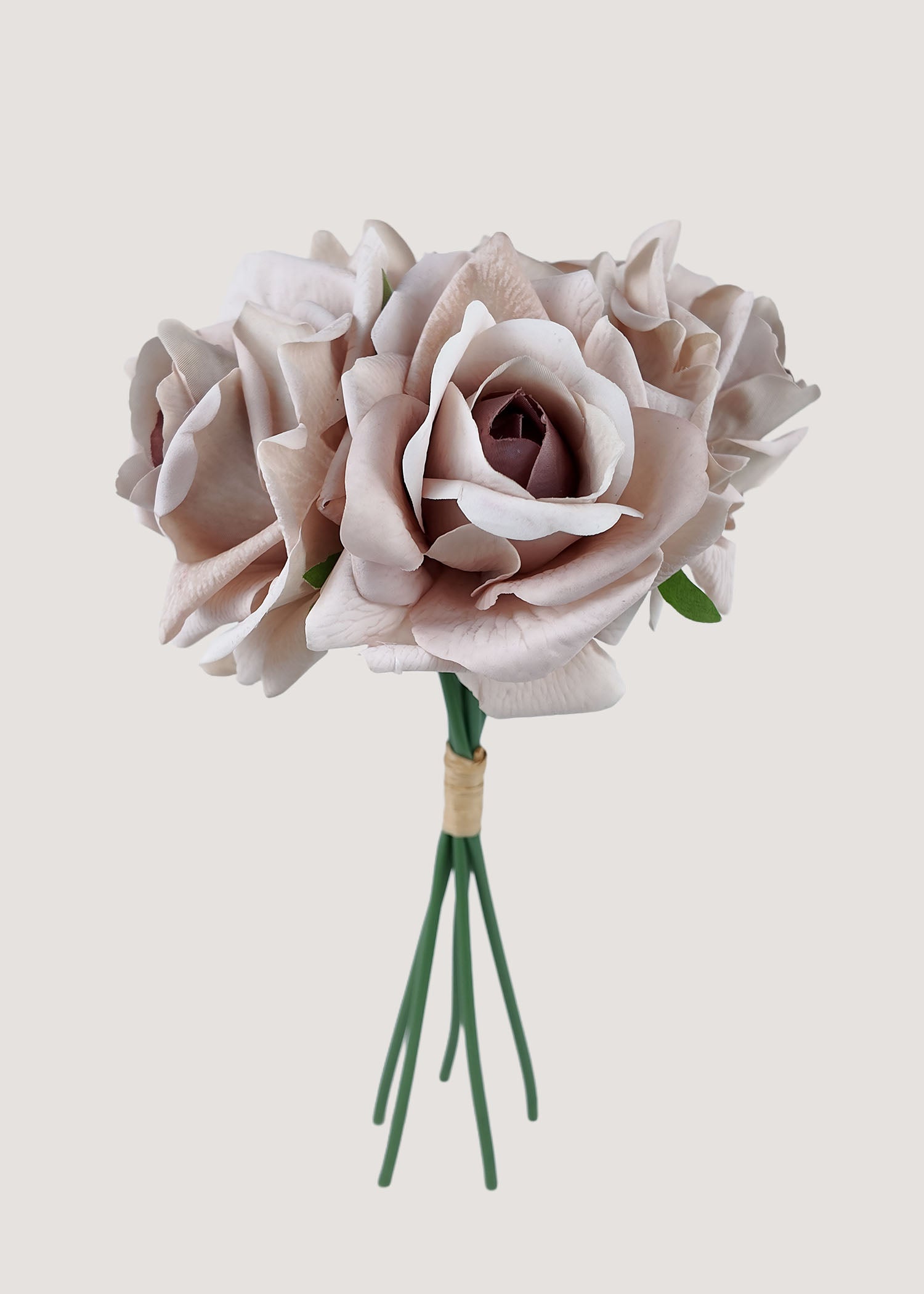 Vintage taupe artificial roses bouquet with 5 faux rose stems for rustic weddings and décor.