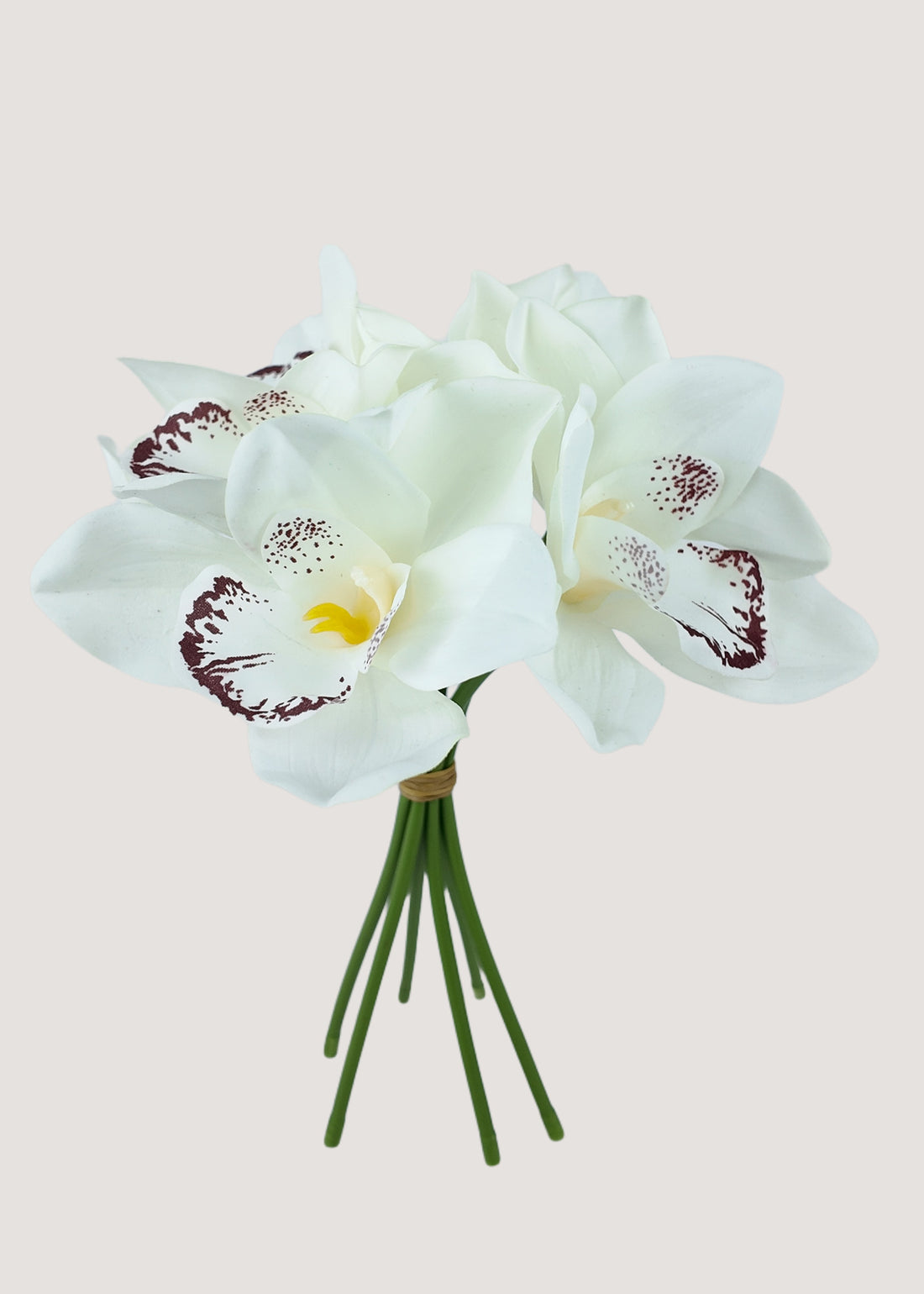 White artificial hui lan orchid bouquet with 6 faux cymbidium stems for weddings.