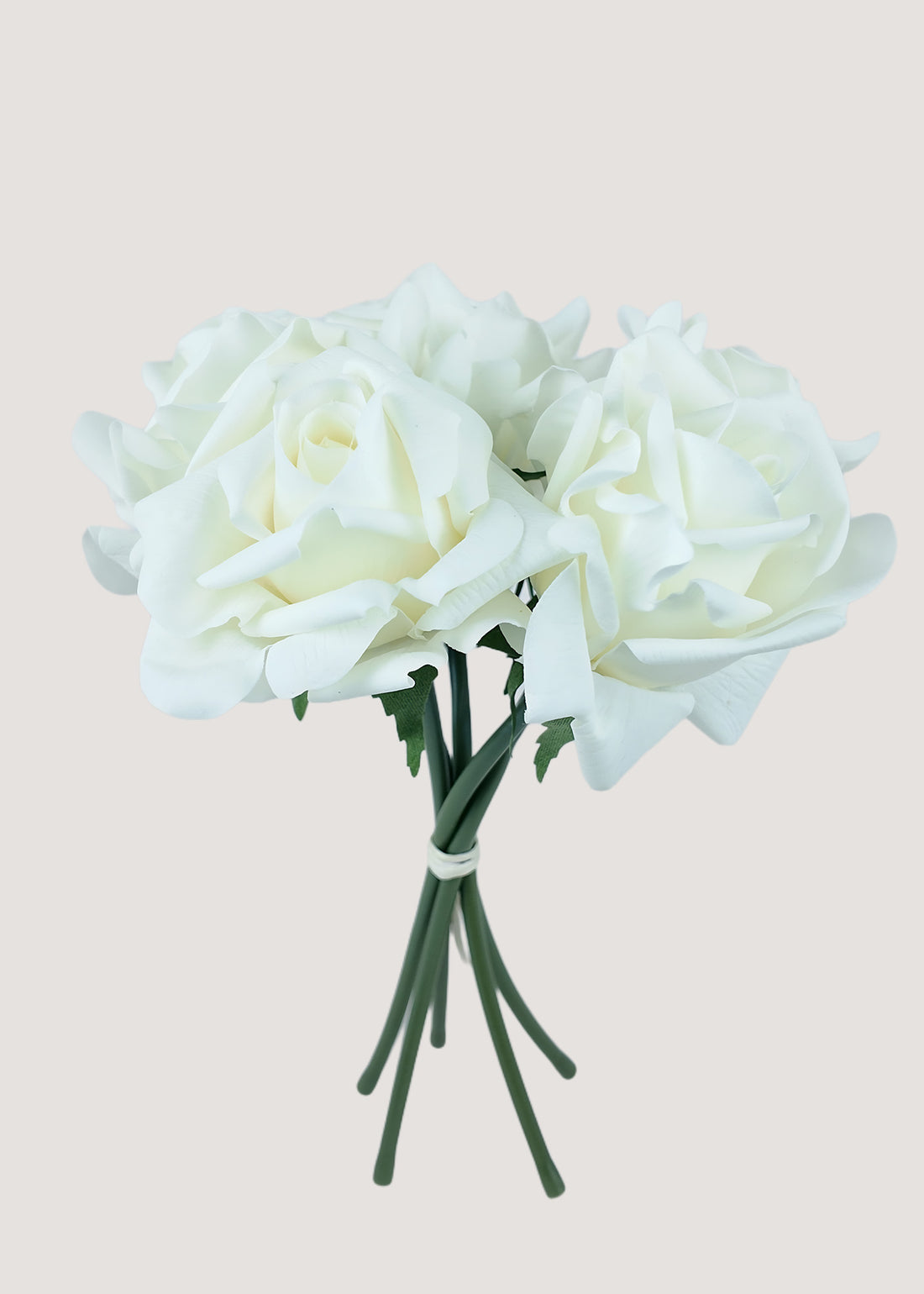 White artificial roses bouquet with 5 faux rose stems for weddings and décor.