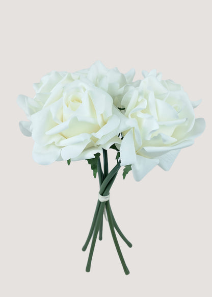 White artificial roses bouquet with 5 faux rose stems for weddings and décor.