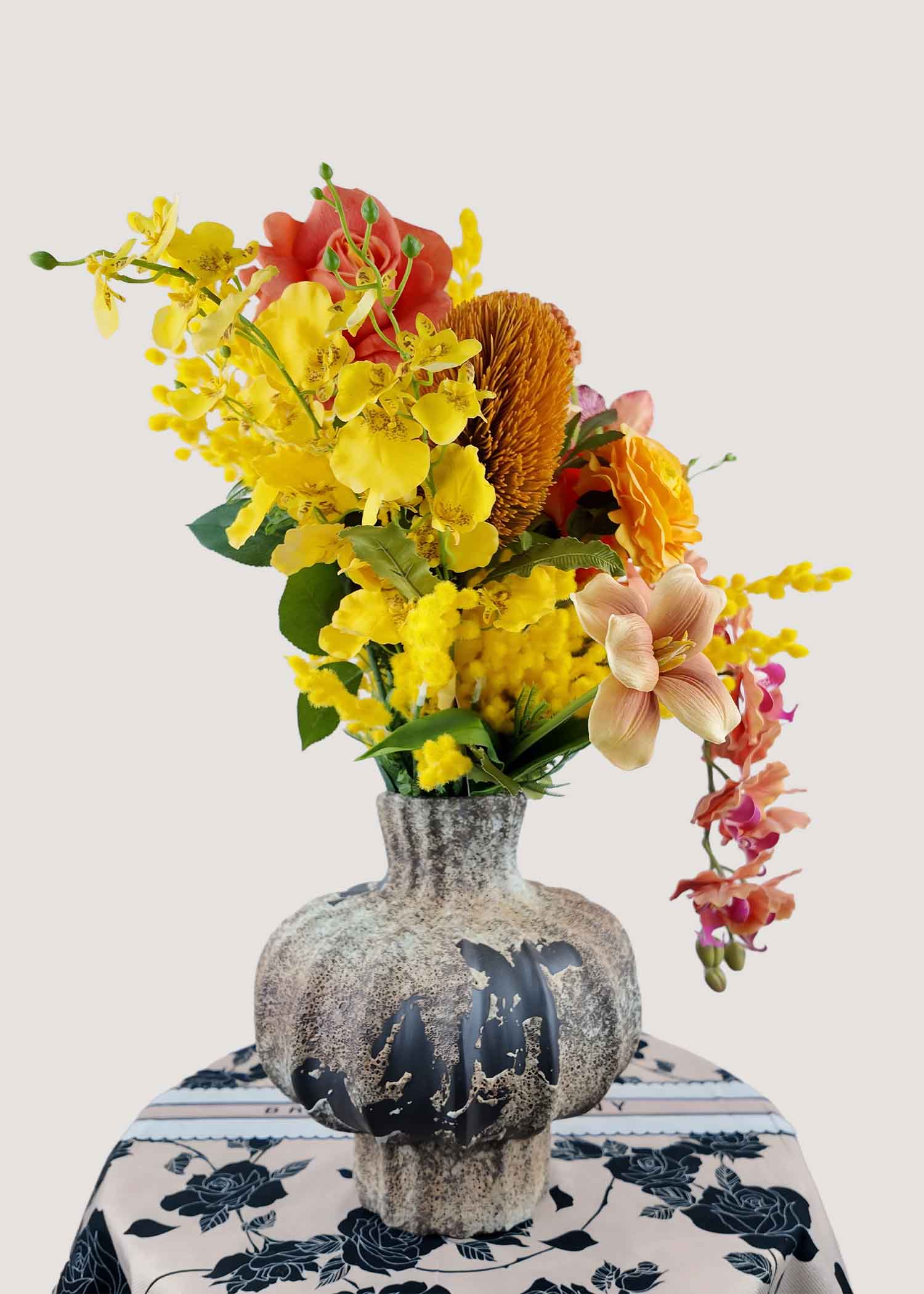 faux-mixed-flower-orange-orchid-mimosa-side