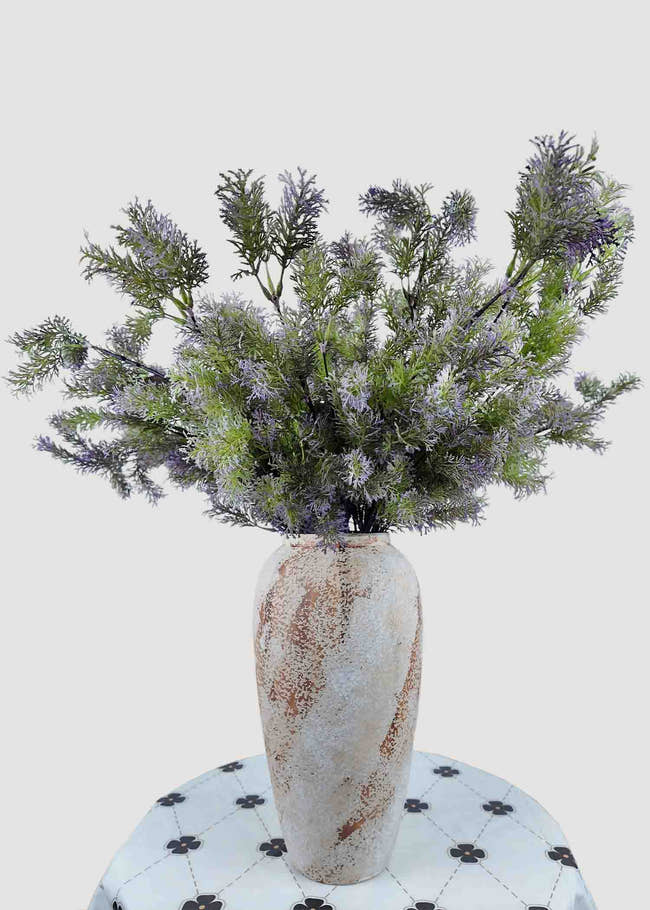 Frosted artificial bouquet in rustic vase, elegant faux floral arrangement for home décor