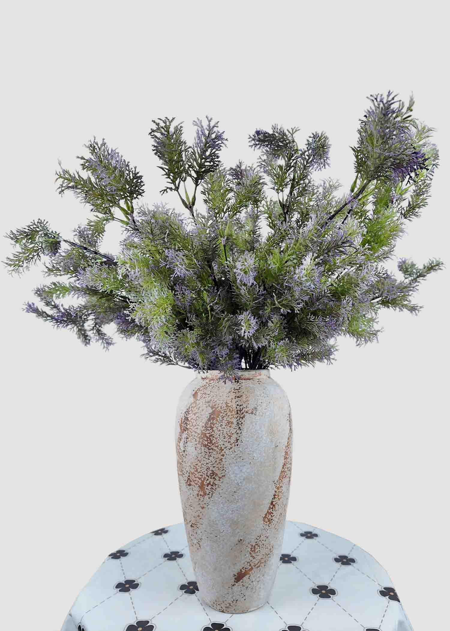 Frosted artificial bouquet in rustic vase, elegant faux floral arrangement for home décor