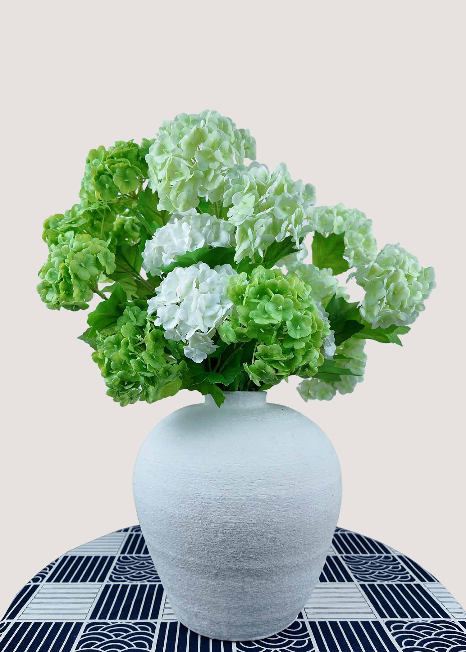 Artificial hydrangea bouquet with green and white triple-head stems