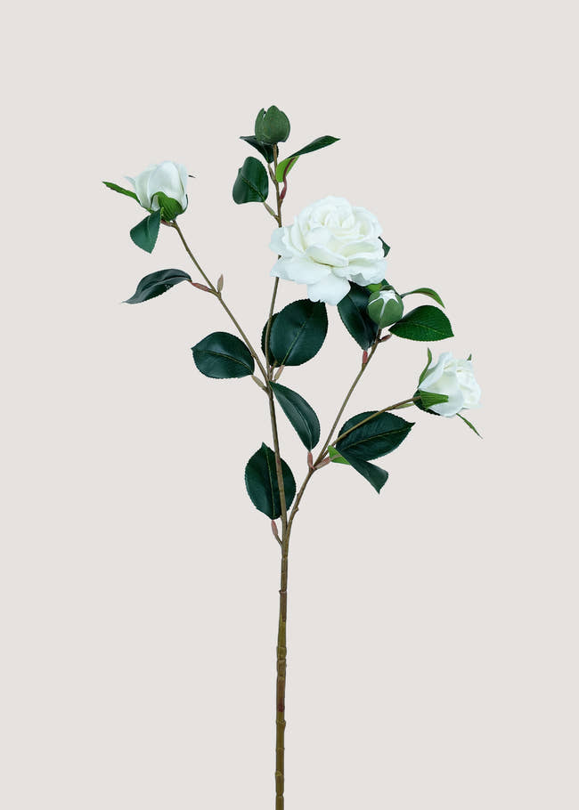 Main image of artificial white camellia branch with buds and green leaves