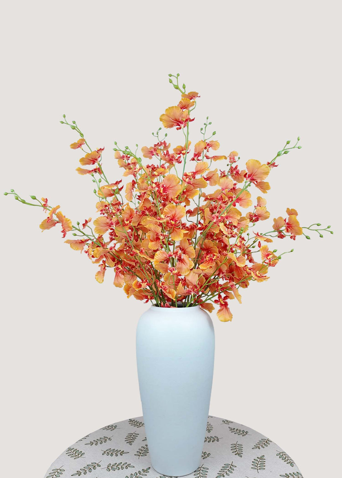 Vibrant orange artificial dancing orchid bouquet in tall vase – faux oncidium orchid stems for home décor