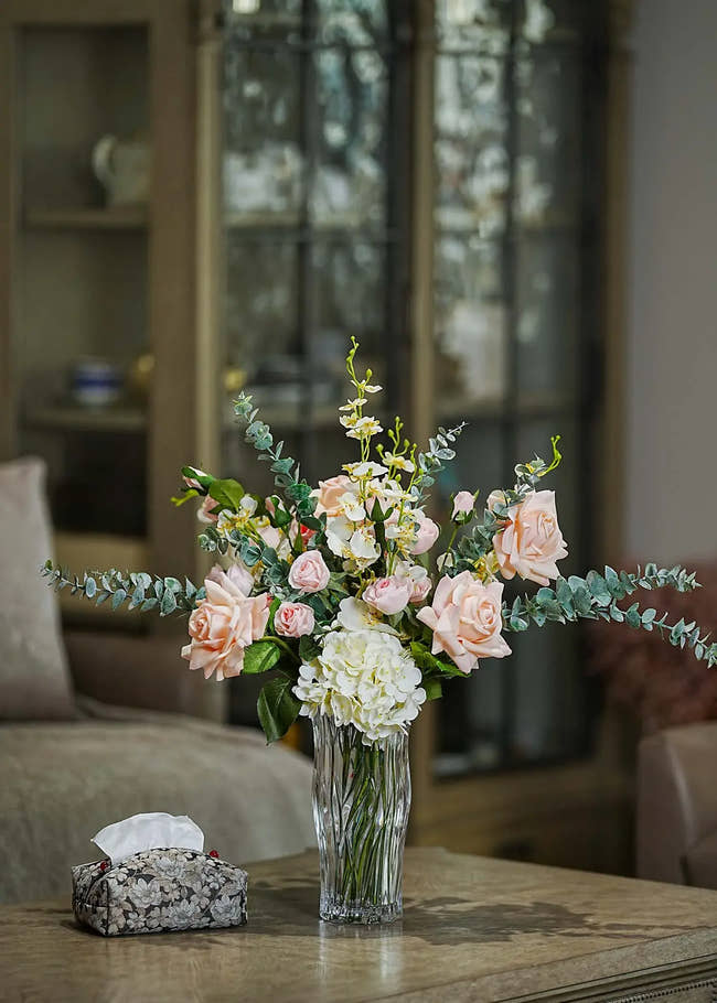 Real Touch blush roses and white hydrangea faux floral arrangement in a clear glass vase with eucalyptus leaves — Everblooma elegant home décor.